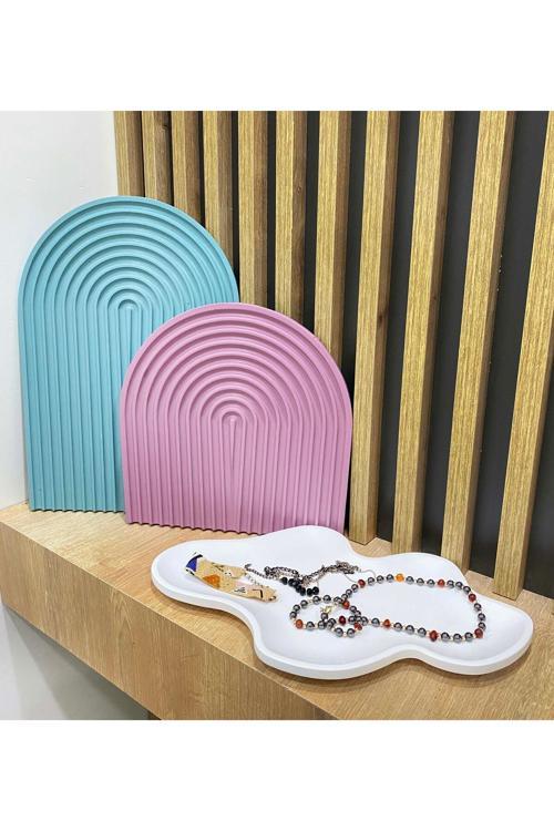 2'Li Dekoratif Beton Gökkuşağı Kemer Süs Sunumluk - Dekoratif Tabak 3'Lü Seti