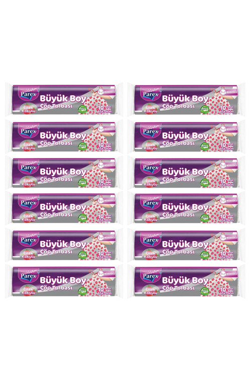 Premium 10'lu Büzgülü Çöp Torbası Çilek Kokulu Büyük Boy 65 x 70 cm Onikili Paket