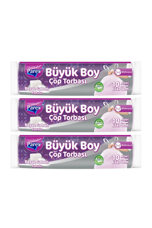 Büzgülü 10'lu Çöp Torbası Beyaz Sabun Kokulu Büyük Boy 65 x 70 cm Üçlü Paket