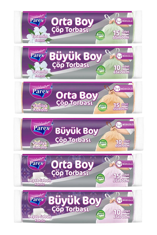 Orta ve Büyük Boy Büzgülü Kokulu 6'lı Çöp Torbası Set