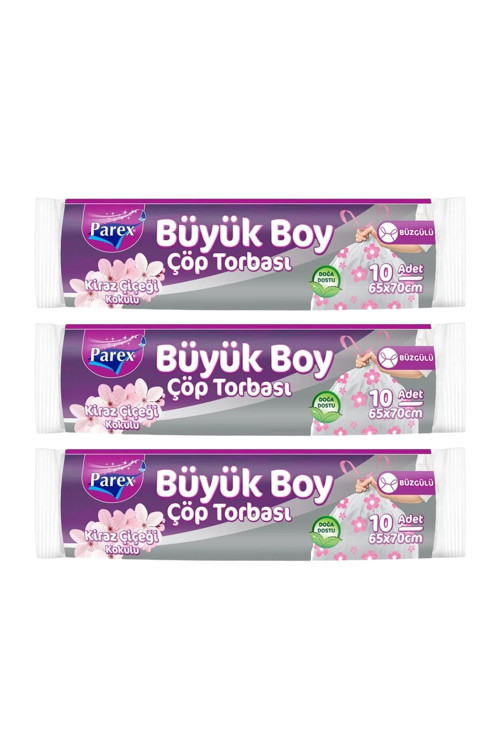 Büzgülü 10'lu Çöp Torbası Kiraz Çiçeği Kokulu Büyük Boy 65 x 70 cm Üçlü Paket