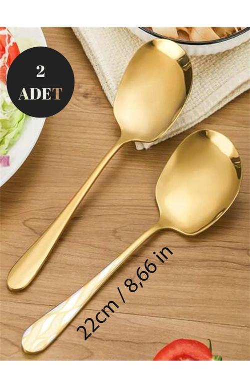 2 Adet Gold Şık Servis Sunum Ve Tatlı Servis Kaşığı Paslanmaz Çelik Parlak 21 Cm