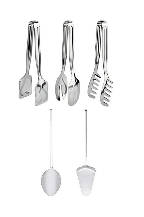 Paslanmaz Çelik 5 Parça Servis Sunum Seti Kaşık Spatula Makarna Salata Pasta Maşası Yemek Hazırlık