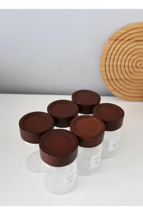 Lüks 6'Lı Akasya Baharat Kavanozu Akasya Kapaklı Kavanoz Serpme Başlıklı Baharatlık