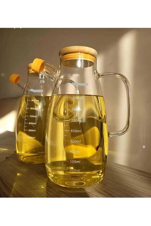 2 Adet Bambu Kapaklı 900 Ml Borosilikat Cam Yağlık Stantsız