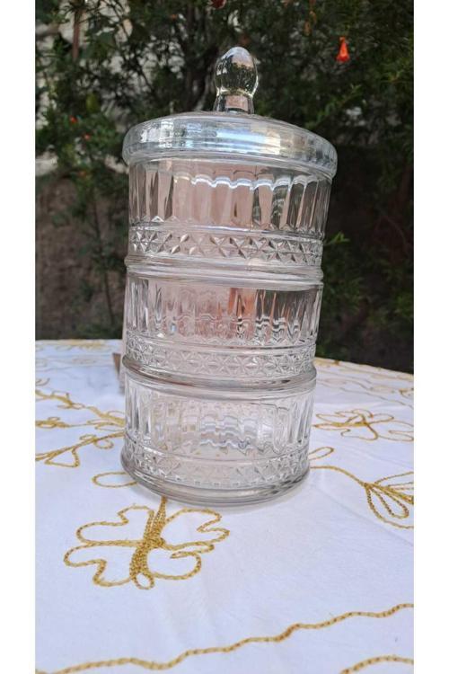 Lüks Cam Pupa Kapaklı 3 Lü Şekerlik Kurabiyelik 12*12*6 Cm
