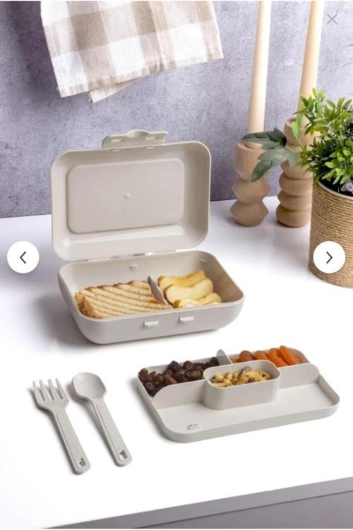 Lüks Bej Lunch Box 2 Katlı 5 Bölmeli Kendinden Çatal Kaşıklı Beslenme Kutusu
