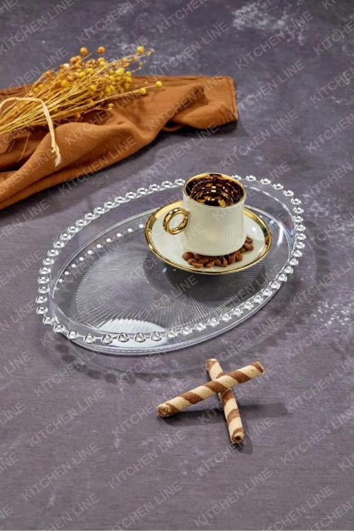 Oval Boncuklu Mika Sunum Tepsisi, Kahve Sunum Tepsisi, Boncuk Tepsi 3 Adet