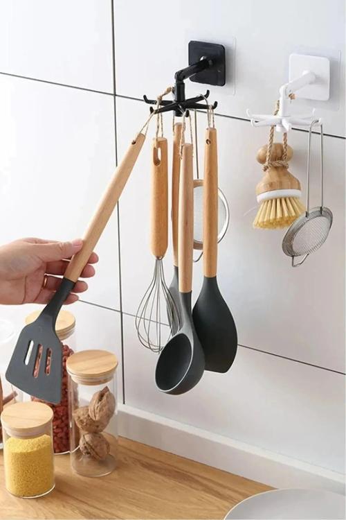 1 Adet 6 Kancalı Mutfak Banyo Döner Askı Kepçe Havlu Lif Askılığı Pratik Askılık Yapışkanlı