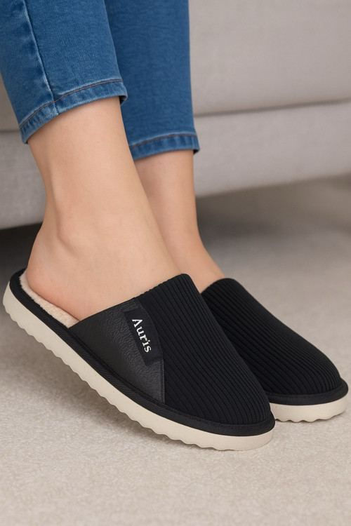AR-060 Unisex Kadife Kumaş İçi Kürklü Kışlık Ev Terliği