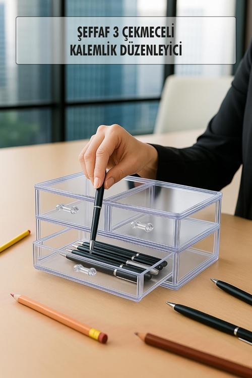 Şeffaf 3 Çekmeceli Kalemlik Düzenleyici Organizer 14×24×10 cm
