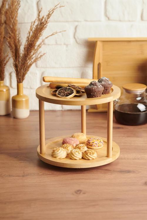 Bambu İki Katlı Döner Sunumluk 24,5×24,5×18 cm