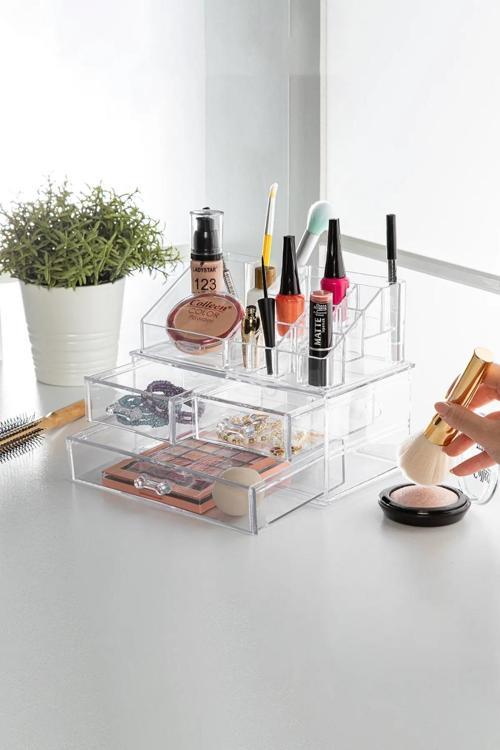 Makyaj Organizeri & 3 Çekmeceli Kozmetik Ürün Raf Düzenleyici & Takı Kutusu & Organizer