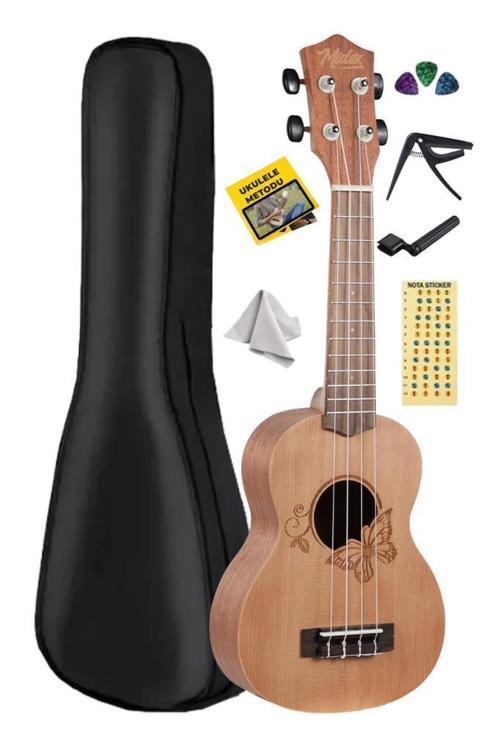 SPA-261 Ladin Ağacı Kelebek Desenli Kaliteli Soprano Ukulele Seti