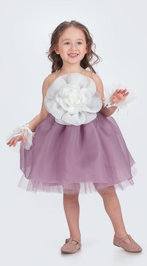 Karolin Robası Çiçekli Bilekli Aksesuarlı Kız Çocuk Abiye Elbise M00724 LİLA