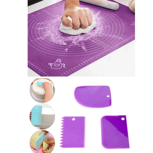 Silikon Hamur Açma Matı Ve 3'lü Hamur Kesici Kazıyıcı Set 2'li Set 40x50 cm