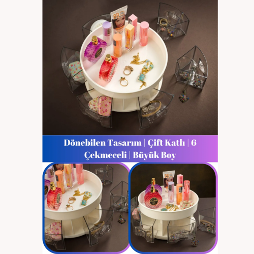 Çift Katlı 6 Çekmeceli Büyük Boy Makyaj Organizeri | Takı Organizeri, Dönen Organizer