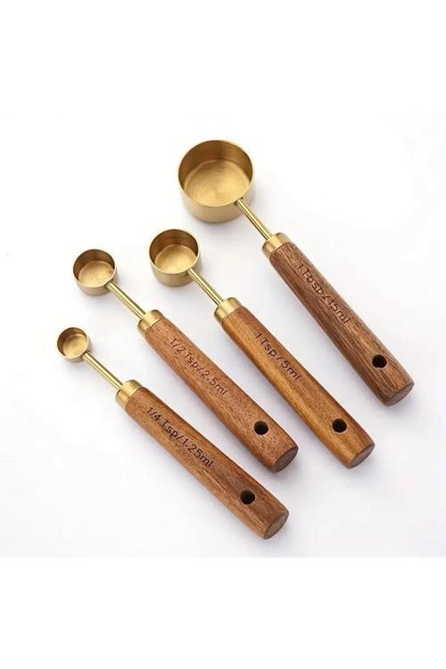 4 Adet Gold Paslanmaz Çelik Ahşap Saplı Ölçü Kaşığı Seti Ölçü Kabı