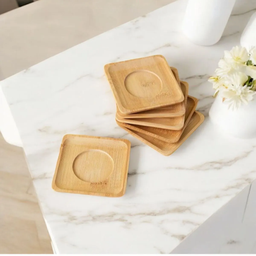 6'lı Bambu Çay Tabağı Seti,Kare Bambu Çay Bardağı Altlığı