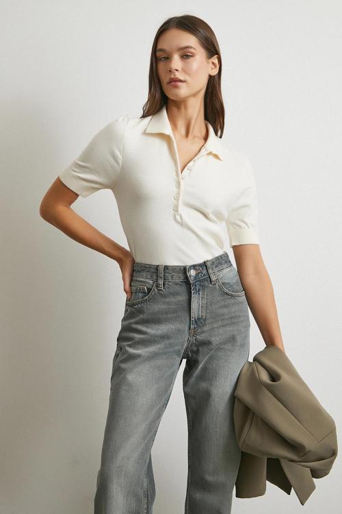 Polo Yaka Düğmeli Kısa Kol Triko Ekru