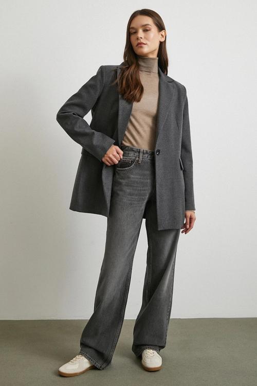 Beş Cepli Yüksek Bel Jean Gri