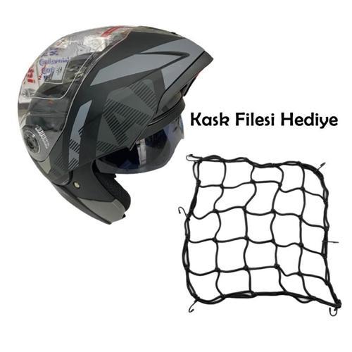 Çene Açılır Güneş Vizörlü Motosiklet Kaskı Gri Siyah XL Beden Baş Çevresi: 61-62CM