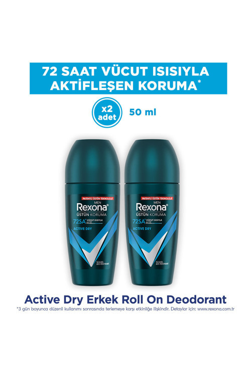 Üstün Koruma Erkek Roll On Deodorant Active Dry 72 Saat Kesintisiz Koruma 50 ml x2