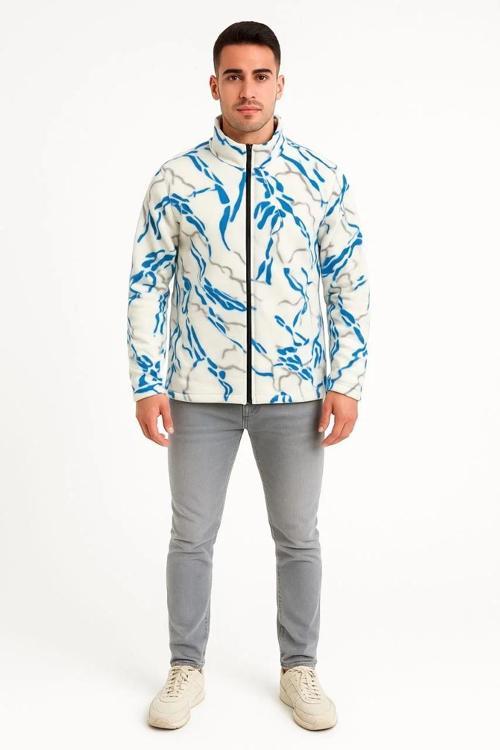 Erkek Tam Fermuarlı Desenli Polar Sweat  Lightning Desen Yakalı, Uzun Kollu, Oversize Rahat Kalıp - 