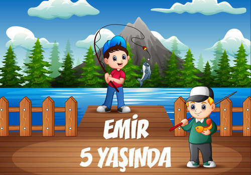 Balık Tutan Çocuklar Doğum Günü Afişi - 35x50 Cm