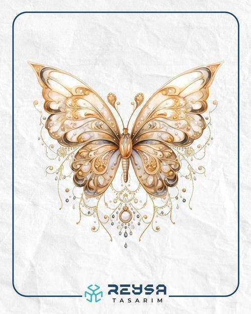 Altın Dantel Desenli Kelebek Duvar Stickerı