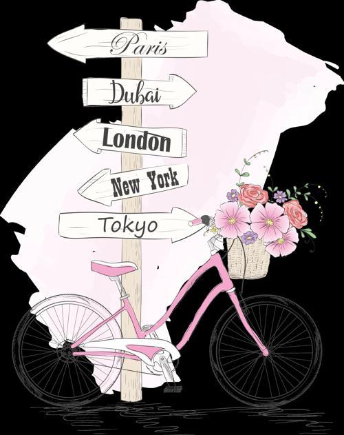 Çiçekli Bisiklet ve Şehir Tabela Duvar Stickerı