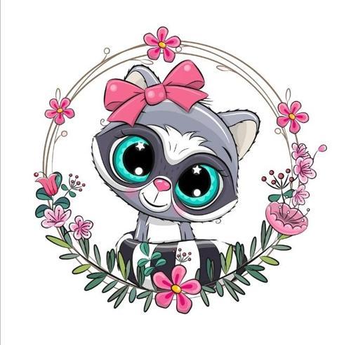 Fiyonklu Rakun Çiçek Çerçeveli Duvar Stickerı