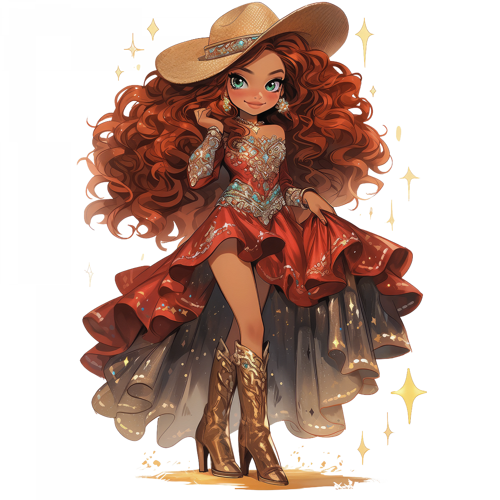 Kırmızı ve Altın Elbiseli Göz Alıcı Kovboy Kız Duvar Stickerı