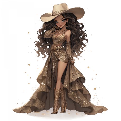 Işıltılı Altın Katlı Elbiseli Kovboy Kız Duvar Stickerı