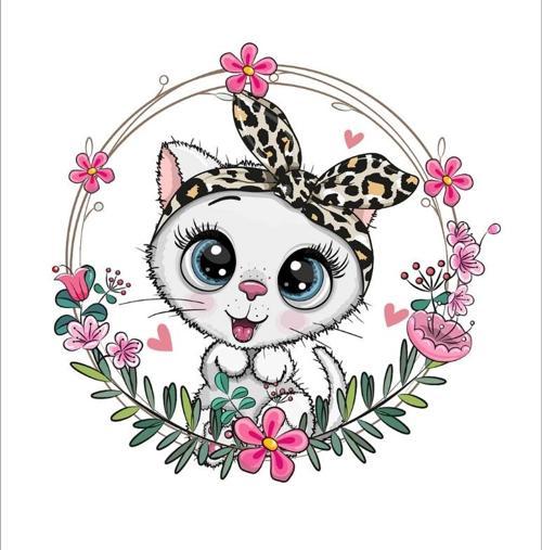 Leopar Bandanalı Kedi Çiçek Çerçeveli Duvar Stickerı