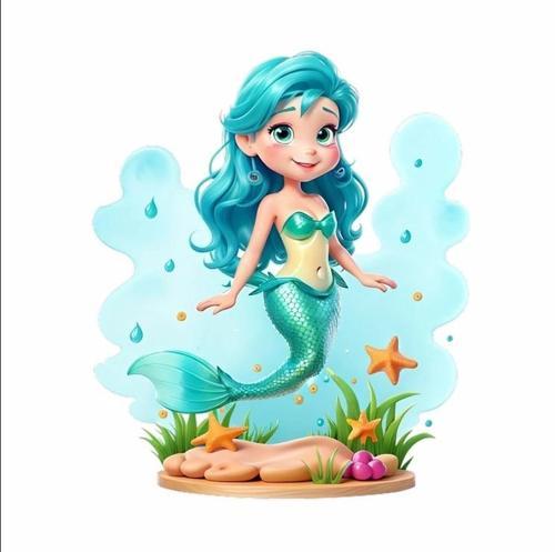 Mavi Saçlı Deniz Kızı ve Deniz Canlıları Duvar Sticker'ı