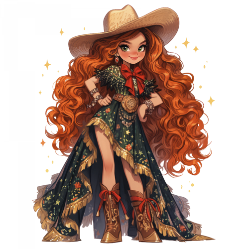 Kırmızı Fiyonklu Koyu Yeşil Elbiseli Kovboy Kız Duvar Stickerı