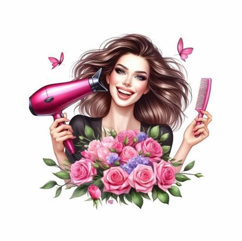 Pembe Güllü ve Kelebekli Kuaför Kız Duvar Stickerı