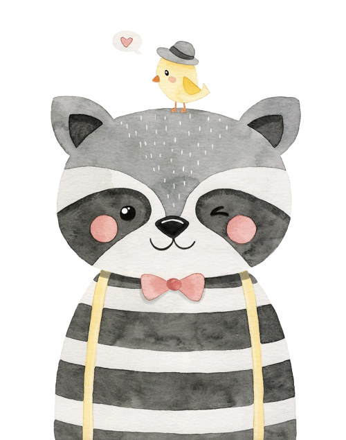 Şapkalı Rakun ve Kuş Duvar Stickerı