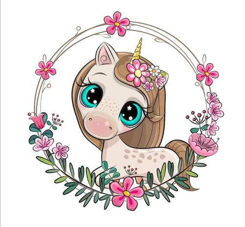 Tek Boynuzlu At Çiçek Çerçeveli Duvar Stickerı