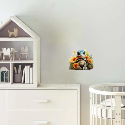Turuncu Çiçekli Mavi Kaplumbağa Duvar Stickerı