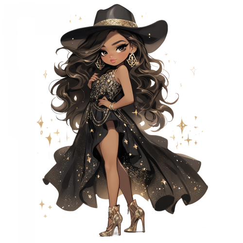 Siyah ve Altın Işıltılı Elbiseli Kovboy Kız Duvar Stickerı