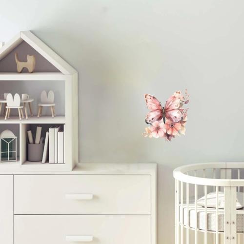 Turuncu-Pembe Kelebek ve Çiçekler Duvar Stickerı