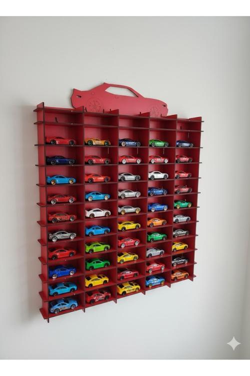 Araba Koleksiyon Rafı 50'Li - Kırmızı Renk (Hotweels Ve Matcbox Arabaları İçin Uygun) Koleksiyonluk