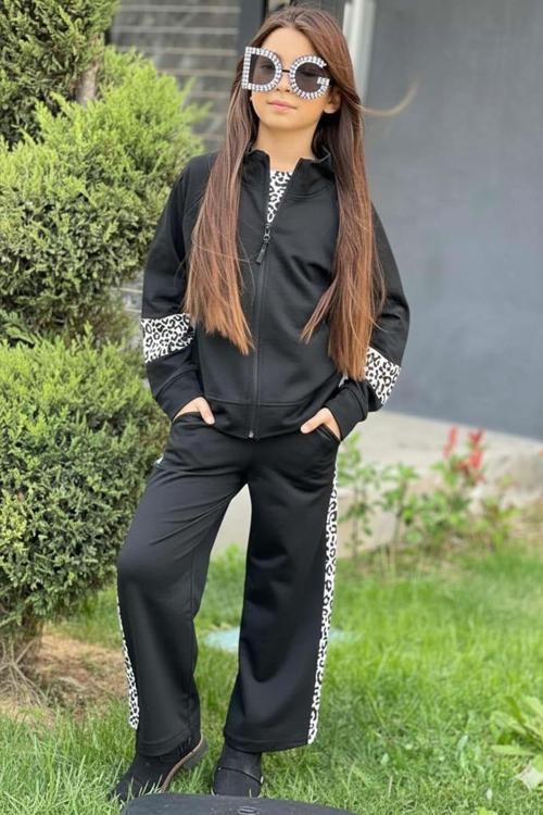 Kız Çocuk Leopar Baskılı Kolsuz Badi Leopar Şerit Detaylı Ceket Siyah Eşofman Takım