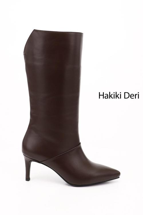 Kadın Kahverengi Platinum Fermuarlı İnce Topuklu Hakiki Deri Çizme