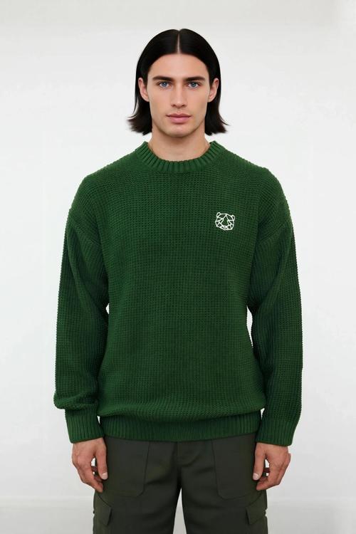 Erkek Geniş Kalıp Oversize Fit Bisiklet Yaka Nakış Detaylı Triko Kazak Serin Havalar İçin Kaliteli