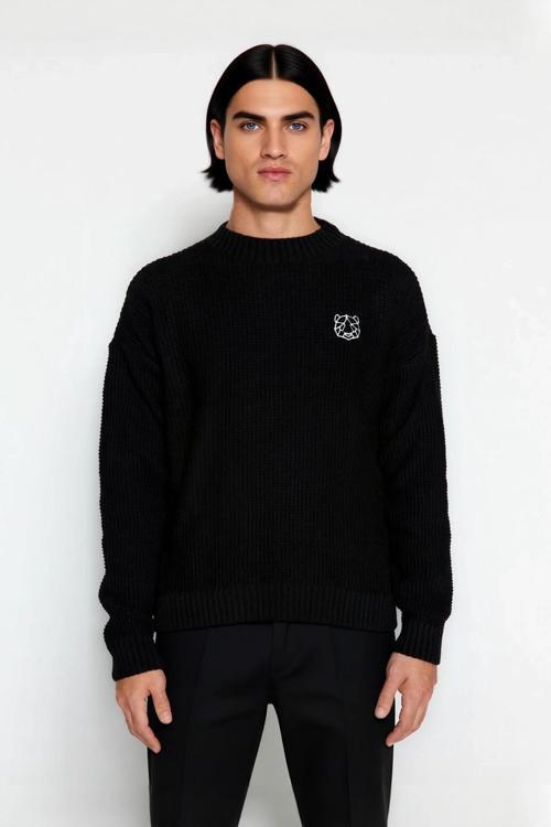 Erkek Geniş Kalıp Oversize Fit Bisiklet Yaka Nakış Detaylı Triko Kazak Serin Havalar İçin Kaliteli