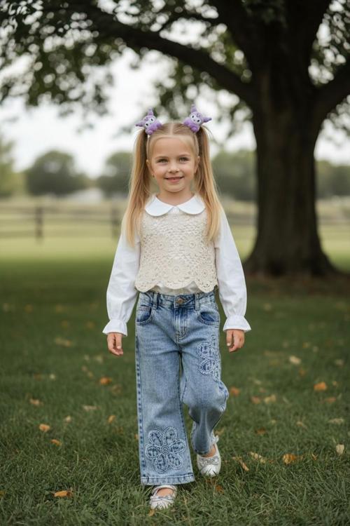 Triko Süveterli Kız Çocuk Kot Pantolonlu Takım