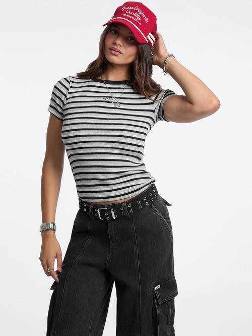 Kadın Siyah Çok Renkli Çizgili Logolu T-shirt W5BP52KA0H1-S9HG